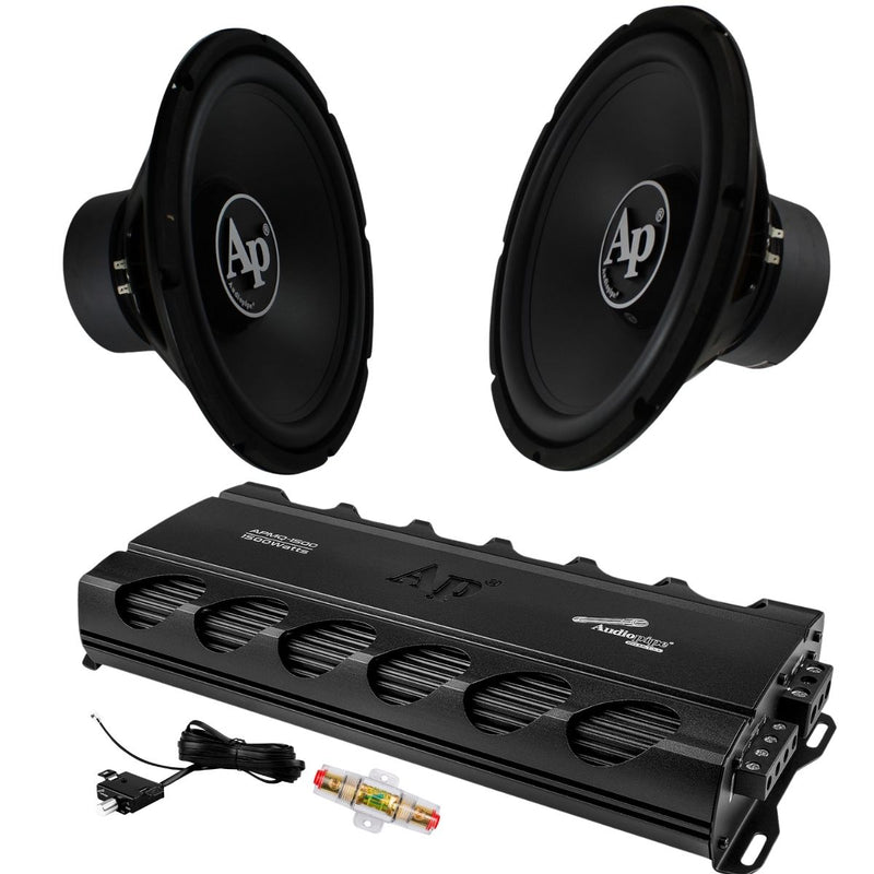 Full front view of Audiopipe 15-inch subwoofers paired with a 1500W Class D amplifier and remote bass knob.