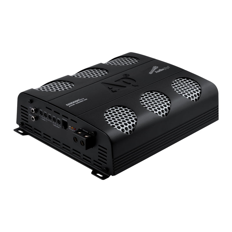 Powerful 5000W 1 Ch Class D Full Range Amplifier by Audiopipe. 2 Ohm stable with bass knob, MOSFET design, and compact build Amplifier right angle