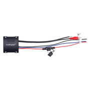 Audiopipe AP-BTM-1200 Bluetooth marine audio receiver adapter with RCA audio outputs, power, ground, remote wires, and inline fuse on a white background.
