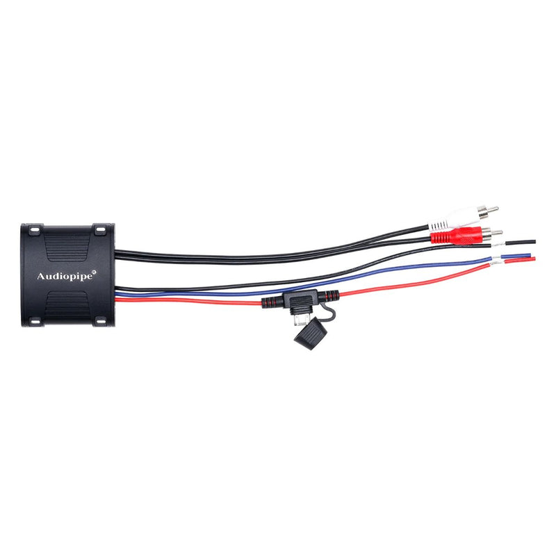 Audiopipe AP-BTM-1200 Bluetooth marine audio receiver adapter with RCA audio outputs, power, ground, remote wires, and inline fuse on a white background.