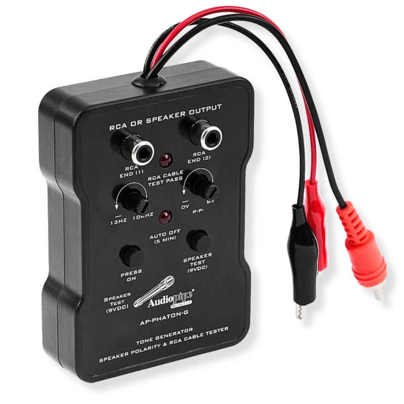 Test RCA cables and speaker polarity with precision using the Audiopipe AP-PHATON-G tone generator, featuring 9V popper and auto-shutoff. Product Side View