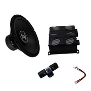 Front view of Audiopipe 15" 700W subwoofer and 1500W Class D amplifier combo showing powerful car audio components.