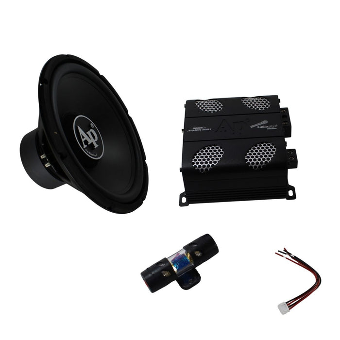 Front view of Audiopipe 15" 700W subwoofer and 1500W Class D amplifier combo showing powerful car audio components.