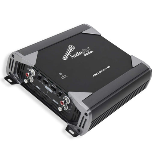 Upgrade your car audio with the Audiopipe APHT-2000.4-H2. Delivers 1200W RMS at 2 ohms with 4-channel Class D power. Includes an 80A fuse holder.  Amplifier Angled View