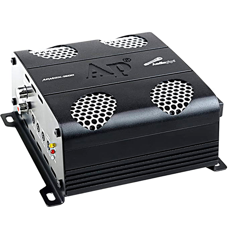 Compact Audiopipe APMOX-1500 800W Class D Monoblock Amplifier. Full range, waterproof-ready, with bass boost and remote control. Front Angled Amplifier View