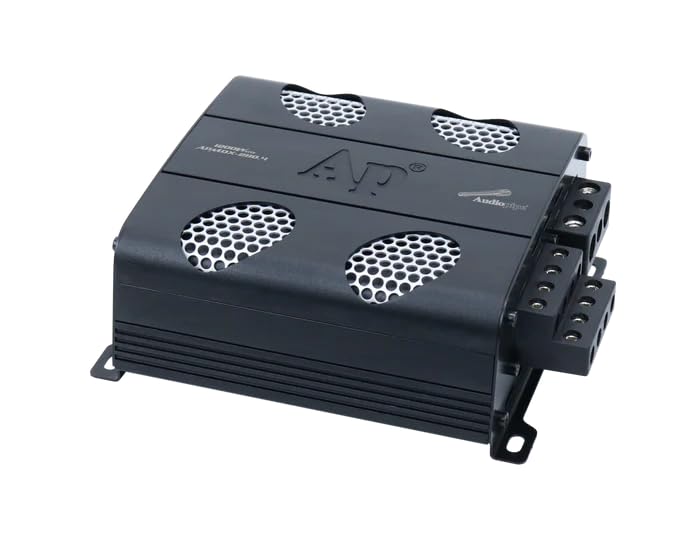 Audiopipe APMOX-4200 delivers 1120W RMS in a compact 4-channel Class D design. Built for motorcycles, golf carts, and powersports with reliable performance Angled Amplifier View