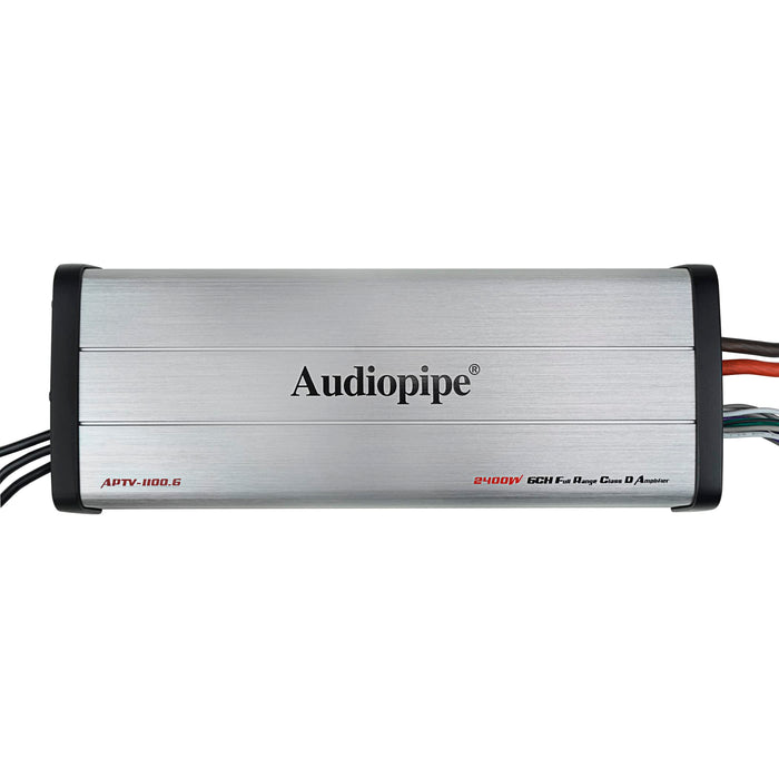 Audiopipe APTV-1100.6 Marine Amplifier, 1100W RMS Class D with 6 channels. IP67 waterproof design for boats, powersports, and outdoor audio. Amplifier Front View
