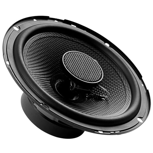 Audiopipe CSE-1602T 6.5" 2-way car speaker delivers 300W peak power, crisp highs, and punchy mids with a carbon fiber-look cone and 30mm PEI tweeter. side angle front view