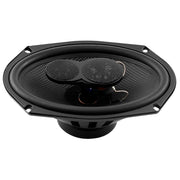 Audiopipe CSE-6903T is a 6x9 3-way car speaker with 350W max power, 4-ohm impedance, Mylar midrange, PEI tweeter, and 89dB sensitivity.

 view of side angle front.