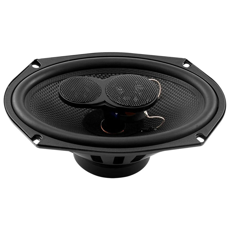 Audiopipe CSE-6903T is a 6x9 3-way car speaker with 350W max power, 4-ohm impedance, Mylar midrange, PEI tweeter, and 89dB sensitivity.

 view of side angle front.