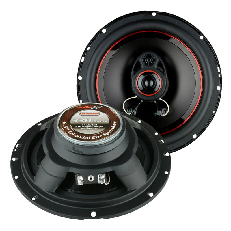 Shop Audiopipe CSL-1623AR 6.5-inch tri-axial car speakers with 330W max power, 4-ohm impedance, Mylar and piezo tweeters.  Speaker pair image.