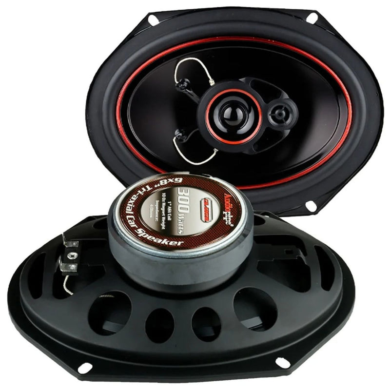 Upgrade your car audio with Audiopipe CSL-6803R 6x8 3-way speakers featuring 300W max power, 4-ohm impedance and a wide frequency range.  Speakers front & back view.