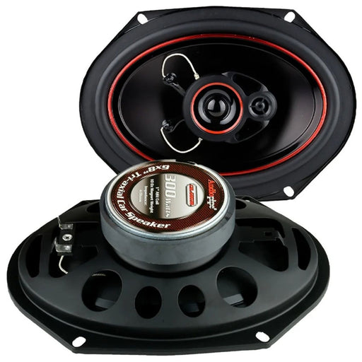 Upgrade your car audio with Audiopipe CSL-6803R 6x8 3-way speakers featuring 300W max power, 4-ohm impedance and a wide frequency range.  Speakers front & back view.