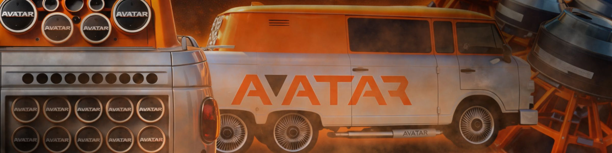 “Custom van wrapped with large ‘Avatar’ logo beside a stacked wall of subwoofers and oversized speaker components in an orange-themed scene.”