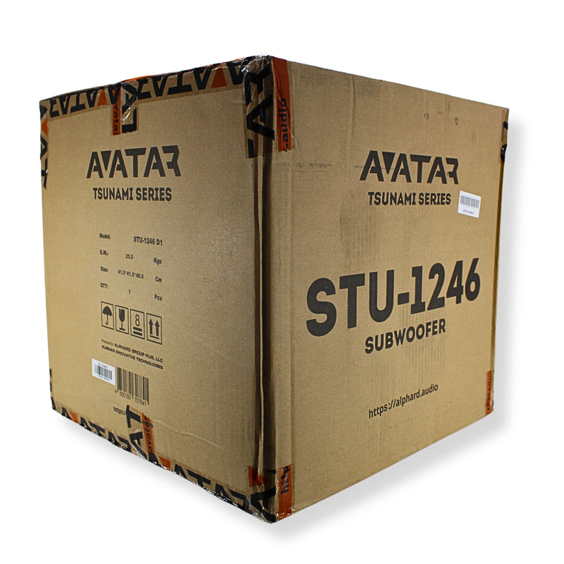 Avatar STU-1246-D2 subwoofer in retail packaging, showcasing Tsunami series branding and specifications.
