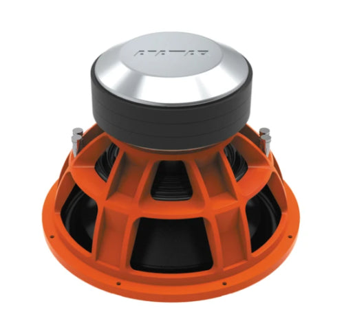 Avatar Tsunami Series 15" 3000W RMS 2-Ohm DVC Orange Subwoofer / AT-STU-1546-D2 bottom up side angle view, good view of magnet.