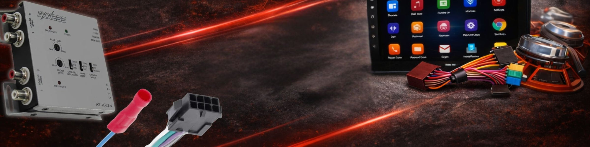 “Axess car audio interface module with wiring harness connectors displayed beside a touchscreen head unit and speaker components on a dark background with red accents.”