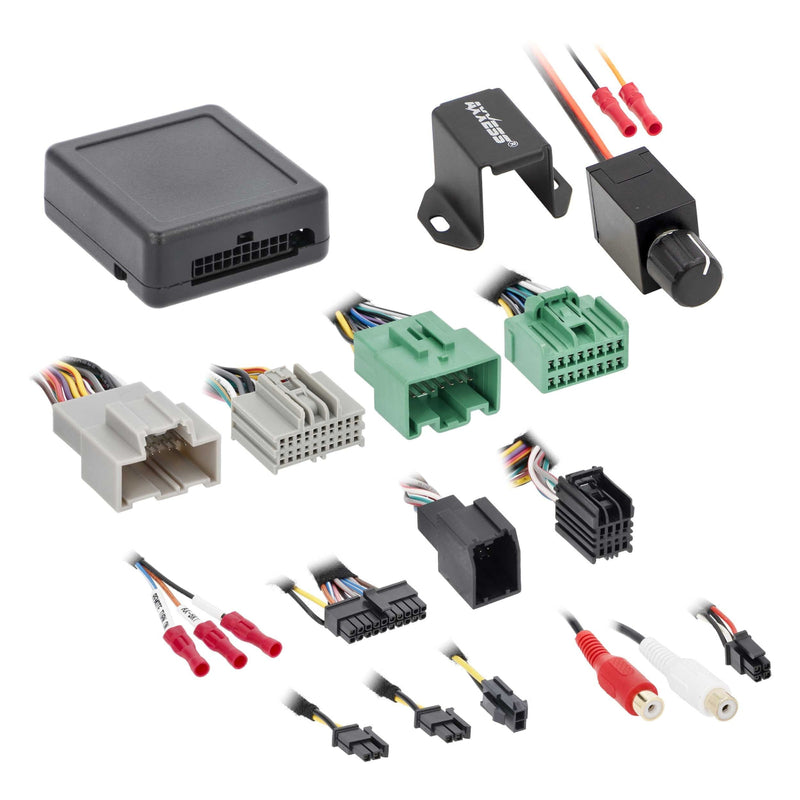 view of all included parts for Axxess Subwoofer Interface w/ Bass Knob & Vehicle T-Harness For GM 13-20