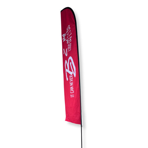 side view of red side of B2 Audio 14FT Feather Beach Flag Banner w/ Pole Kit & Base'