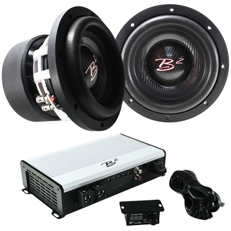 B2 Audio RAGE 3500 Amp with 2 RAMPAGE8-D1-V2 Subwoofers B2-COMBO-10 main image 2 subwoofers, amplifier, and bass knob shown