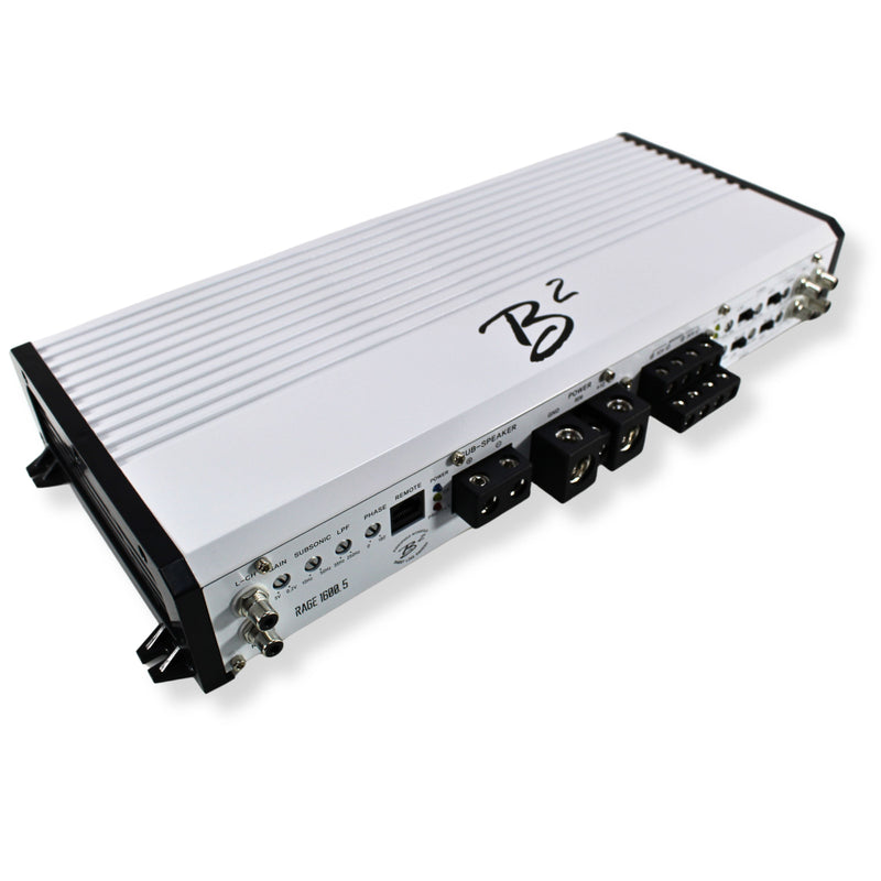 front side view of B2 Audio RAGE 5-Channel 1.6K | 1600W 4-Ohm Class D Amplifier