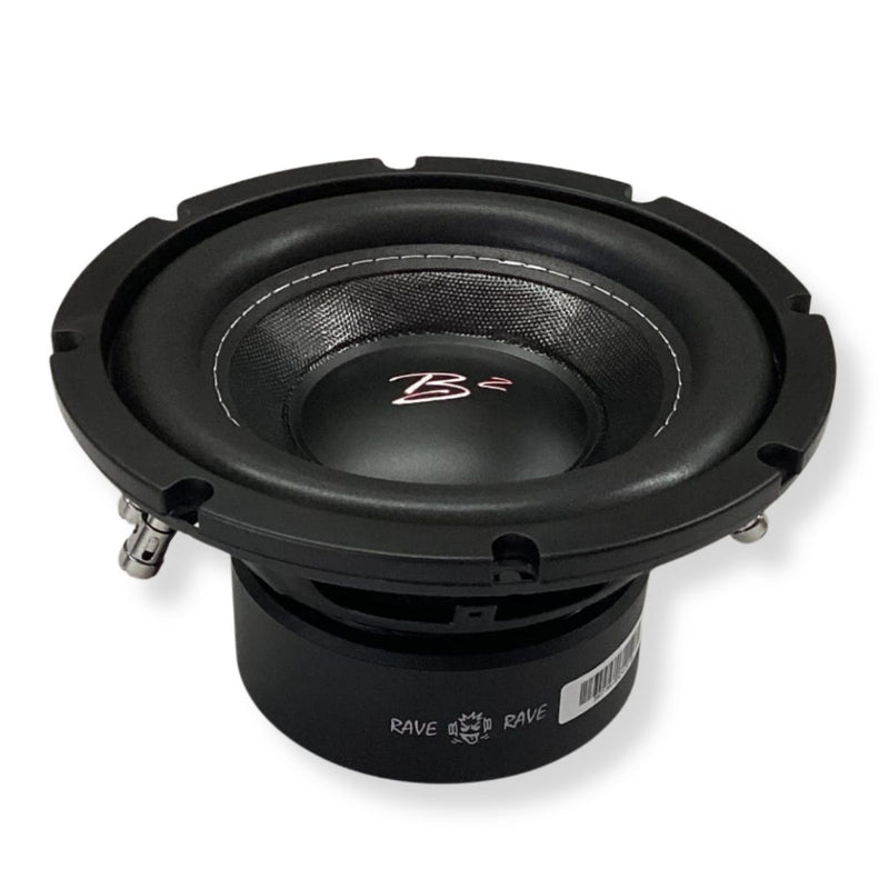 B2 Audio RAVE8-D4 8" subwoofer with 500W power, dual 4-ohm voice coils, 2" voice coil, and 85.3 dB sensitivity for everyday car audio builds. Subwoofer Side Angle View