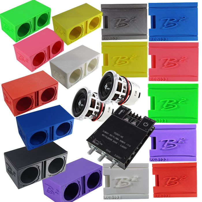 B2 Audio RC2 2" RC Car Subwoofer w/ Bluetooth Chip Amp & Dual Vented Box. Color array shown with 2 subs and amplifier. 
