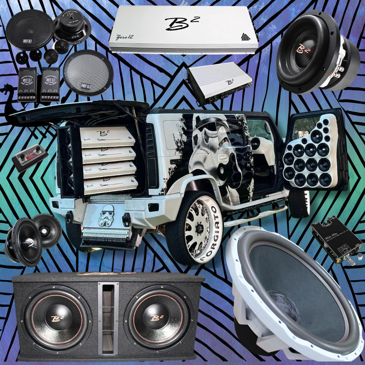 B2 Audio car audio equipment collage featuring ZERO amplifier, subwoofers, speakers, and custom Jeep show build