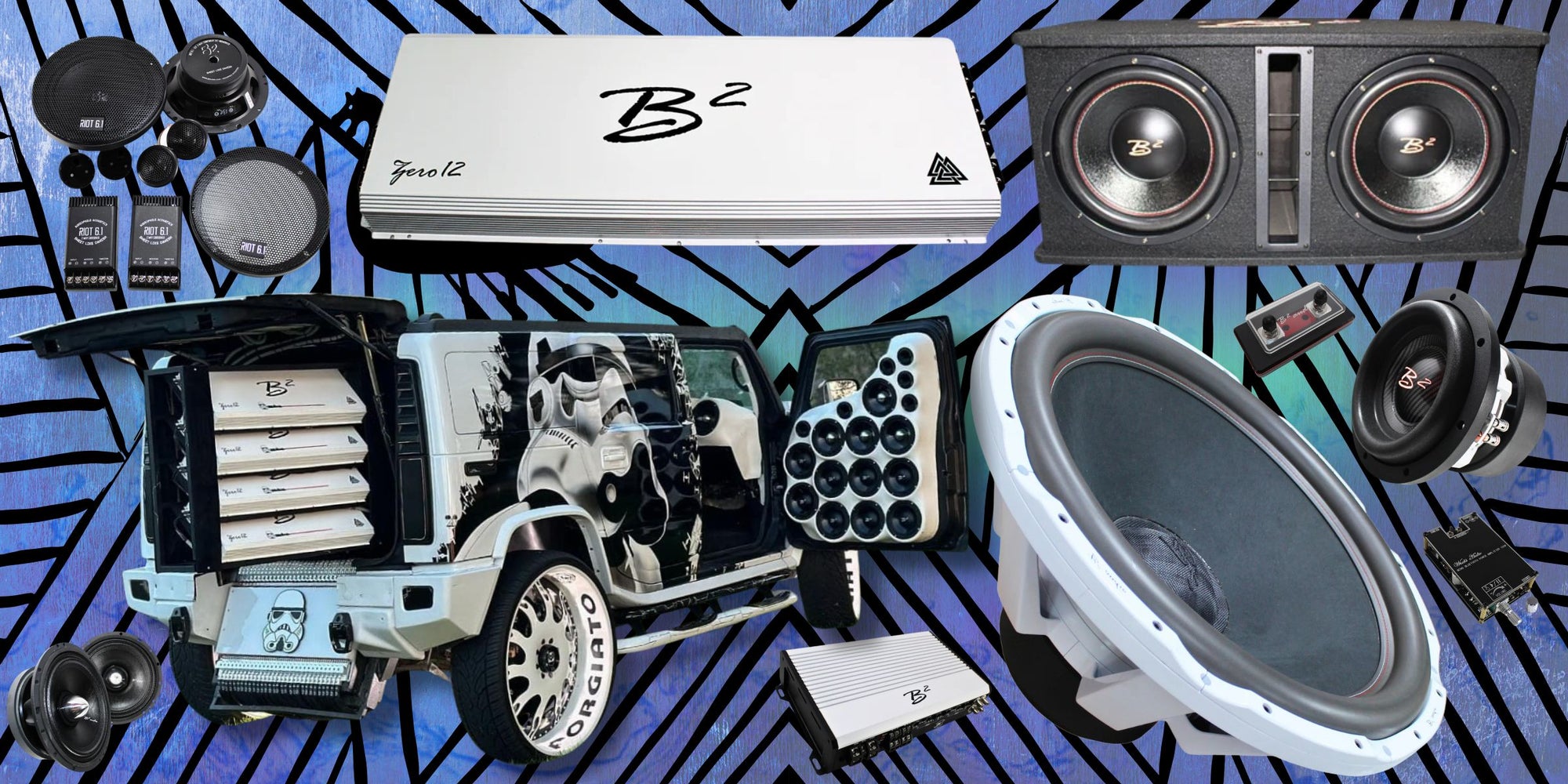 B2 Audio car audio equipment collage featuring ZERO amplifier, subwoofers, speakers, and custom Jeep show build