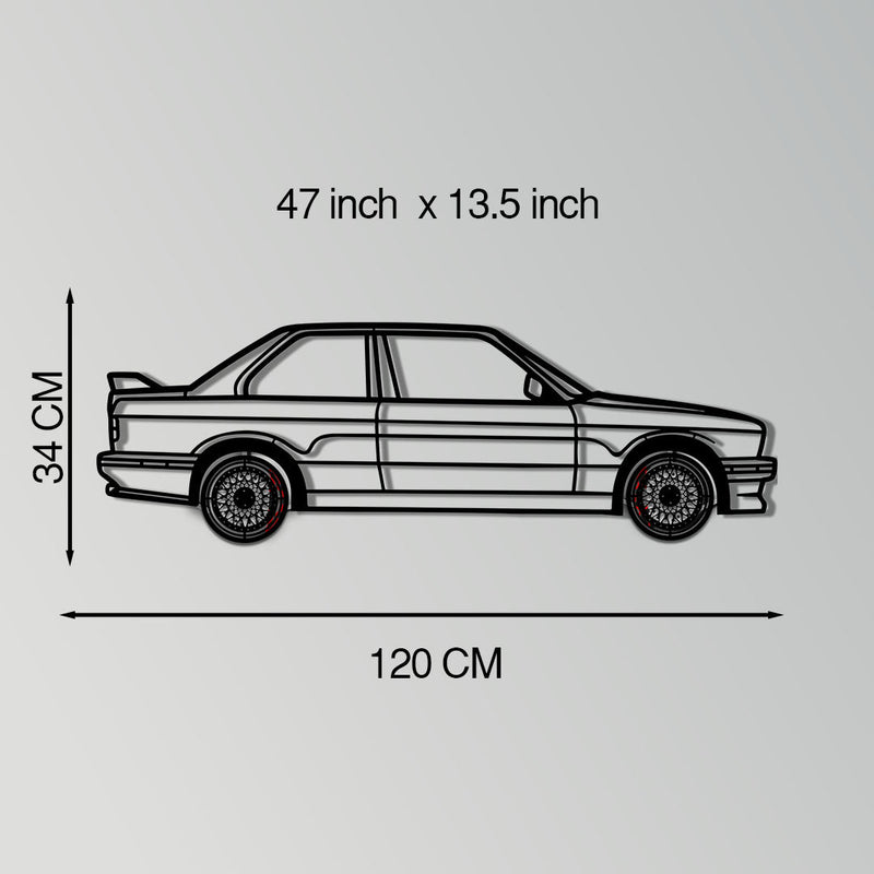 BMW E30 M3 Metal Car Wall Art with Rotating Wheels - Classic M Power Silhouette Decor - Interactive Automotive Wall Art - KAFMEKA100