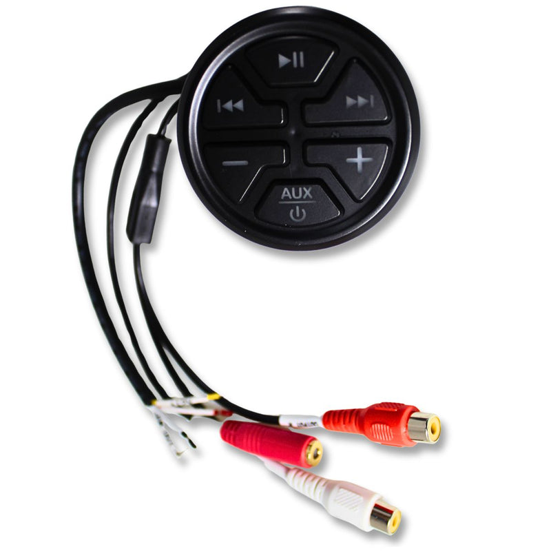 Top View of BTM-3000 | Waterproof Marine Bluetooth Audio Receiver Audiopipe, Shows attached Aux, RCA, and wiring cables