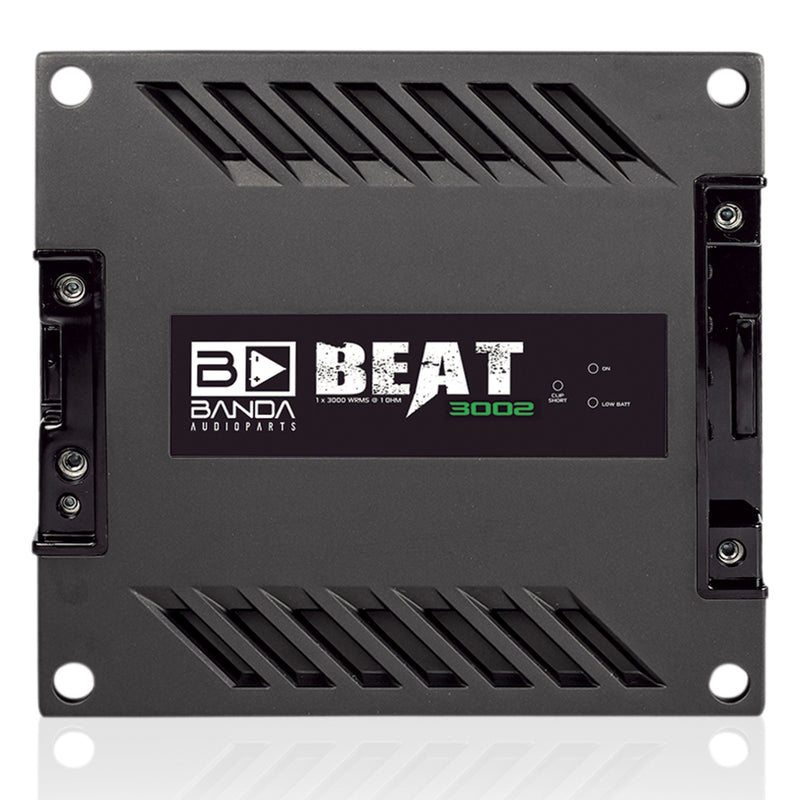 view of Banda BEAT Line Compact Full Range 3000 Watt 2-Ohm Monoblock Brazilian Amplifier top side logo shown