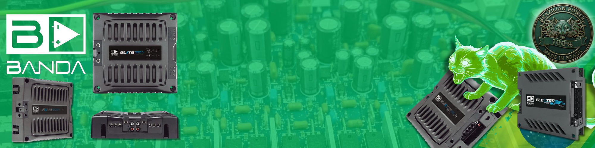 “Green promotional banner featuring Banda car audio amplifiers displayed over a circuit board background, with brand logo and product images.”