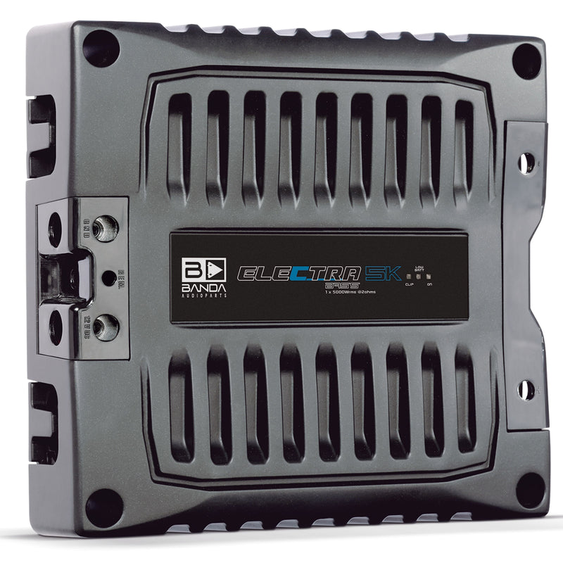 View of Banda ELECTRA Line Aluminum Brazilian 5000 Watt 2-Ohm Monoblock Bass Amplifier Top front facing left side partially visible
