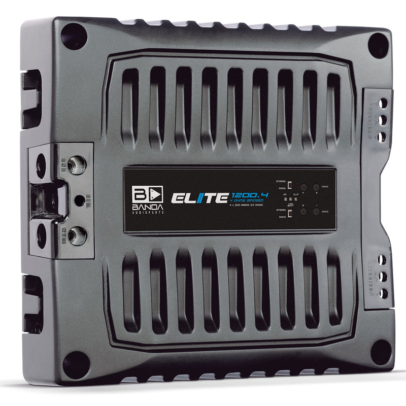 View of Banda ELITE Line Full Range 1200 Watt 2-Ohm 4-Channel Brazilian Amplifier front standing up on its side.