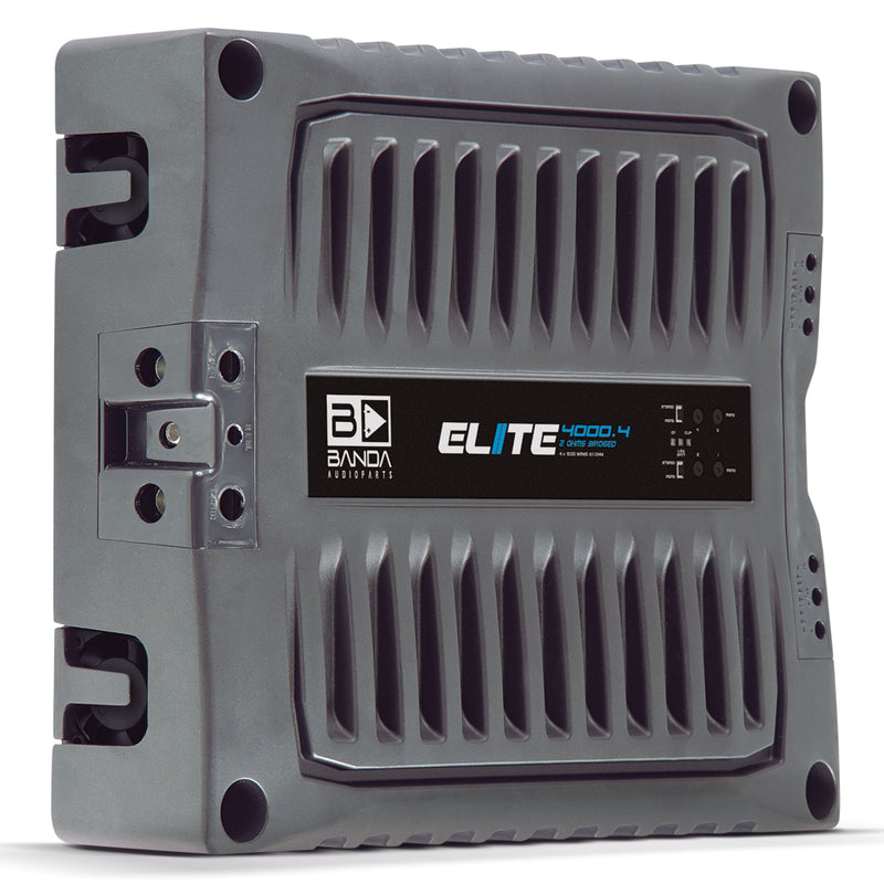 View f Banda ELITE Line Full Range 4000 Watt 1-Ohm 4-Channel Brazilian Amplifier front product on its side left side partially visible
