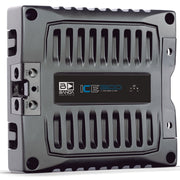 View of Banda ICE X Line Aluminum Brazilian 1200 Watt 1-Ohm Full Range Monoblock Amplifier on its side front facing left ports partially visible
