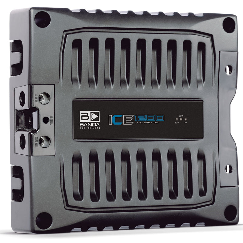 View of Banda ICE X Line Aluminum Brazilian 1200 Watt 1-Ohm Full Range Monoblock Amplifier on its side front facing left ports partially visible