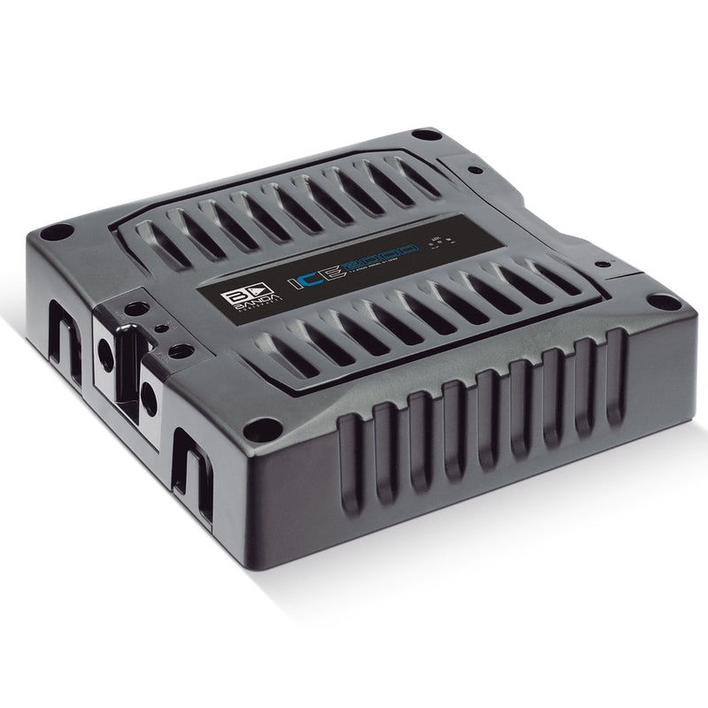 View of Banda ICE X Line Aluminum Brazilian 2000 Watt 1-Ohm Full Range Monoblock Amplifier top side down left side visible.