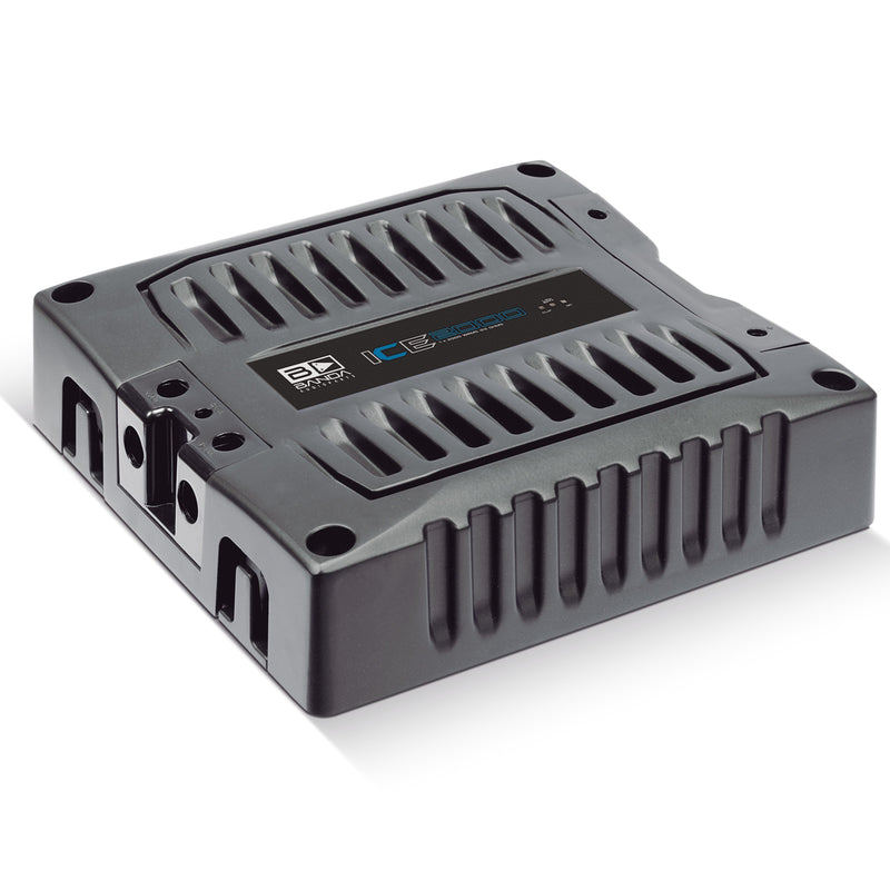 View of Banda ICE X Line Aluminum Brazilian 2000 Watt 2-Ohm Full Range Monoblock Amplifier top side view with left side ports visible.
