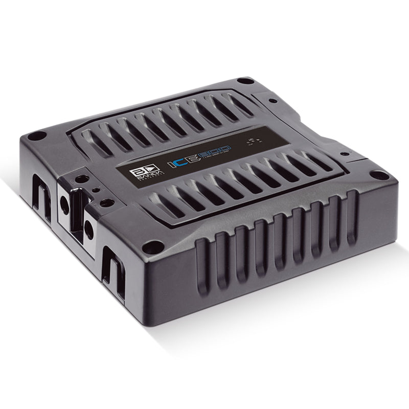 View of Banda ICE X Line Aluminum Brazilian 800 Watt 1-Ohm Full Range Monoblock Amplifier left side and top photo taken from an above angle.