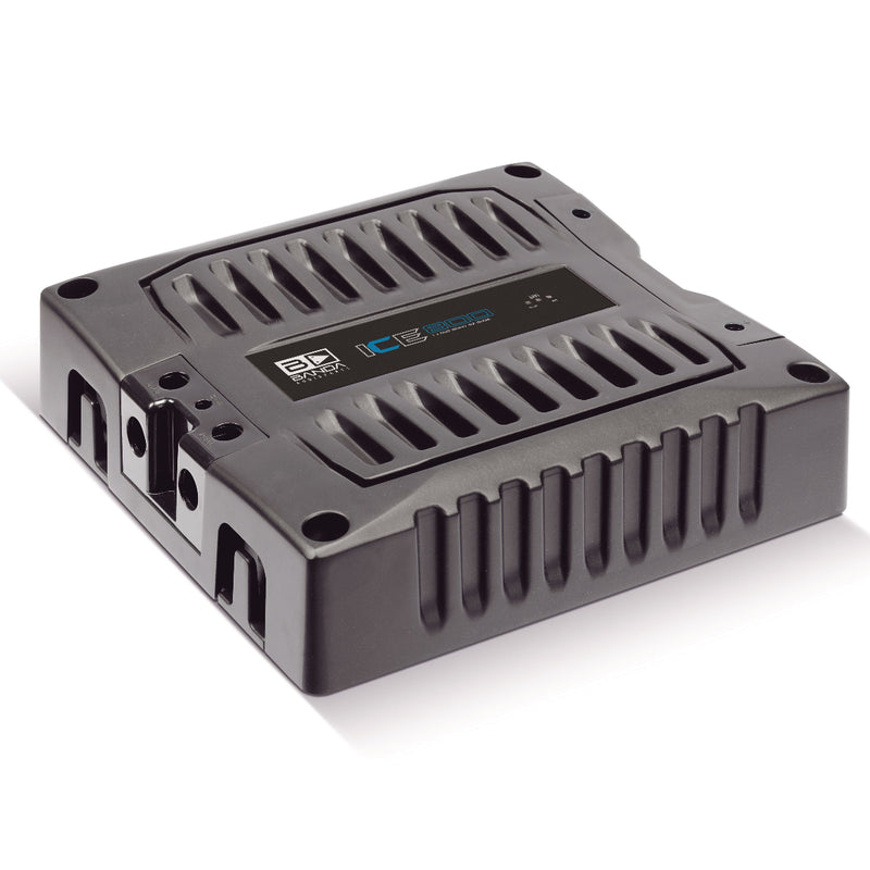 View of Banda ICE X Line Aluminum Brazilian 800 Watt 2-Ohm Full Range Monoblock Amplifier from top side angle shows left side ports as well.