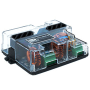 view of the Banda Pocket Series Compact 250 Watt 2-Ohm 2-Channel Brazilian Amplifier BD-250.2 from the top/front downward angle. product is laying flat.