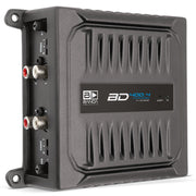 View of the Banda Pocket Series Compact 400 Watt 2-Ohm 4-Channel Brazilian Amplifier BD-400.4 with input/outputs shown. product is laying on its side at an angle with top and logo showing face. 