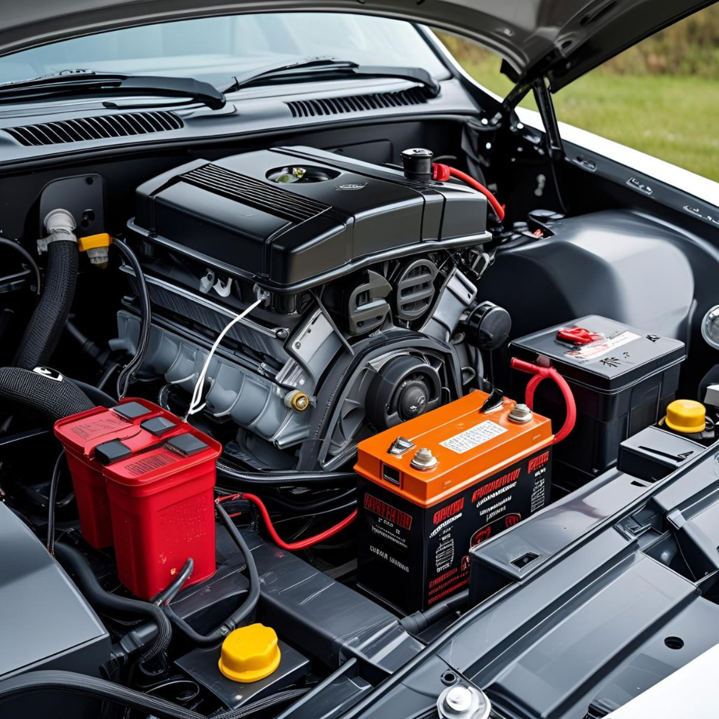 Car engine in engine compartment with hood up, as extra batteries ready for the big three audio wire upgrade.