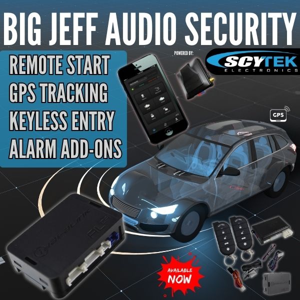 This is a promotional banner for the Big Jeff Audio Security products, with a blue background and a big Scytek logo, it includes images of a vehicle and some automotive security products available now at big jeff audio