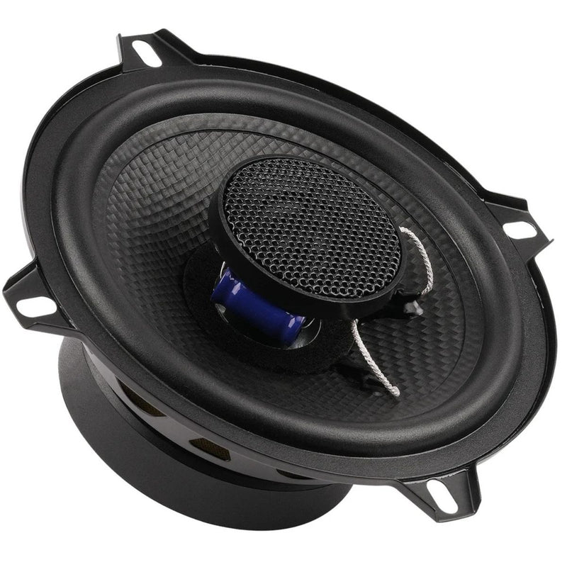 Audiopipe CSE-1502T 5.25" 2-way coaxial car speaker delivers 200W peak power with a PEI tweeter, carbon fiber-look cone, and durable steel basket for clean, dynamic sound.  front side angle view