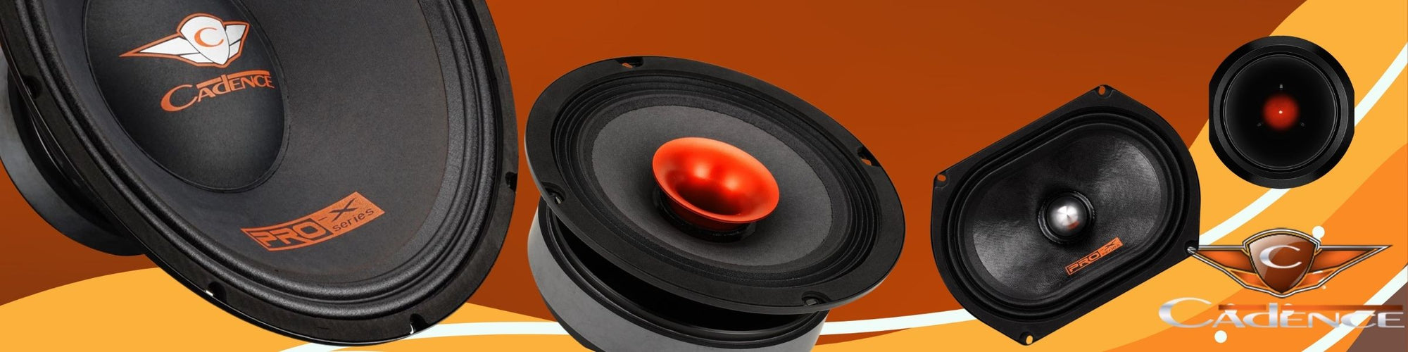 “Cadence car audio speakers and subwoofers displayed on an orange background, featuring black cones with red center accents and brand logo.”
