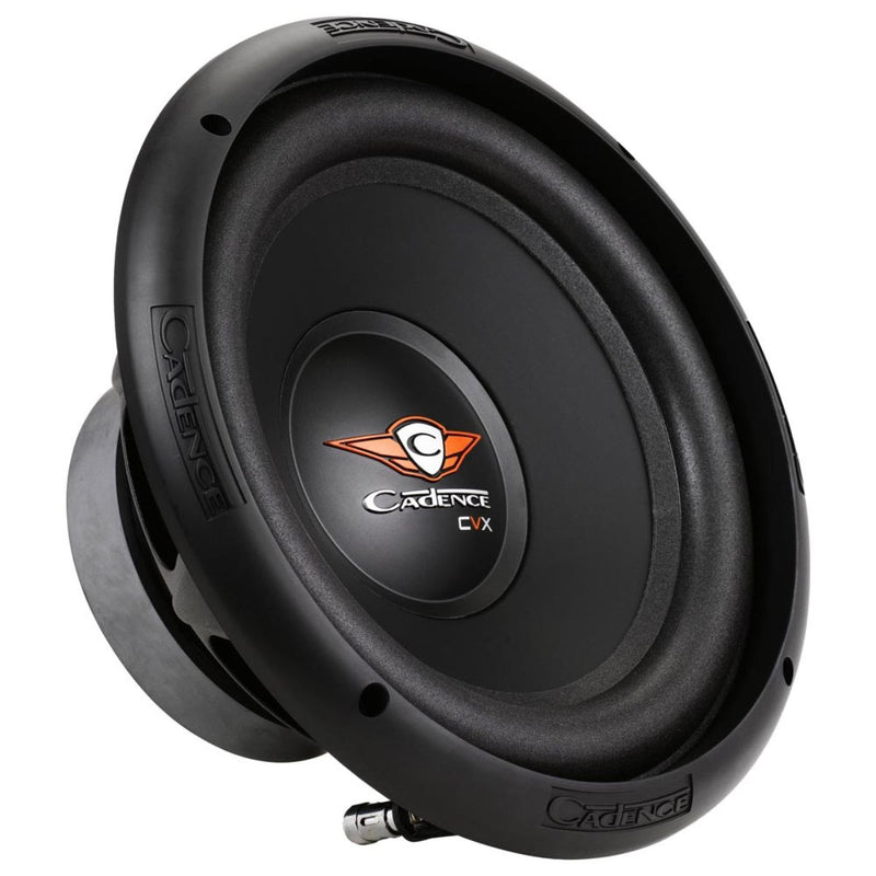 Experience deep, clean bass with the Cadence CVX10D4 10" subwoofer, 300W RMS, 600W peak, dual 4-ohm voice coils, and high-quality build. Angled Subwoofer View