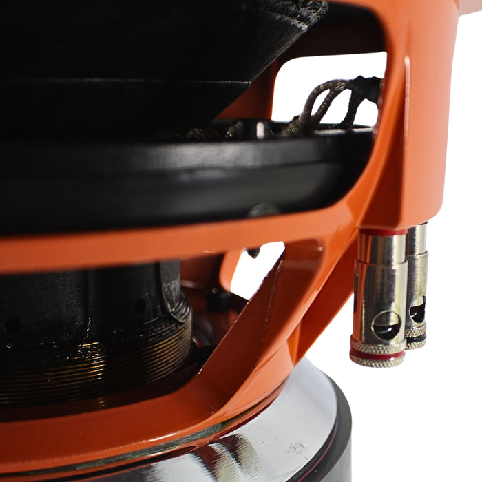 Close-up of the orange cone and Avatar-branded dust cap on the STU-1246-D2 subwoofer for SPL performance. 2
